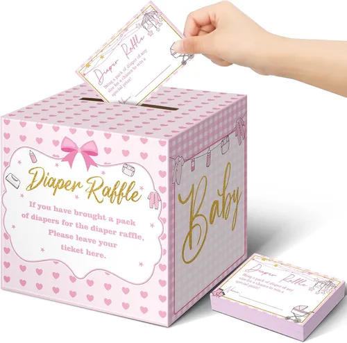 Miniatura 23 de Teling 51 boletos para rifas de pañales con caja de tarjetas, decoración de baby shower, caja de soporte para baby shower, para fiesta de rifas