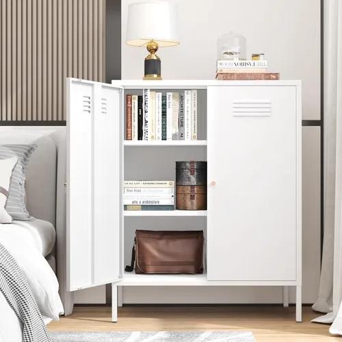 Miniatura 14 de Gabinete de almacenamiento de metal, soporte de TV de 2 puertas, armario decorativo con puertas y estante ajustable, armario de metal, mesita