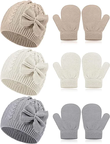 Miniatura 15 de SATINIOR 3 Set Toddler Hat Glove Set, Kids Winter Hats Warm Knitted Beanie Mittens Gloves with Bow for Baby Girls Boys 0-6Y