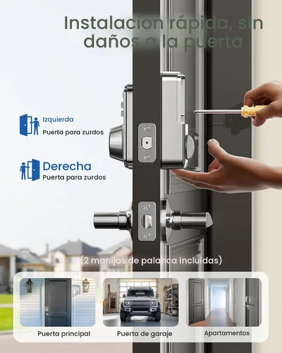 Miniatura 7 de Veise Cerradura de puerta de entrada sin llave con 2 manijas de palanca, cerrojo electrónico para teclado, juego de cerradura digital inteligente