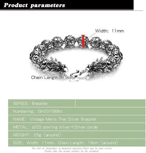 Miniatura 2 de Dankadi Pulsera de plata vintage para hombre, pulsera creativa de plata de ley 925 con dragón de 0.433 in, cadena de cuentas de 7-8-9-10 pulgadas