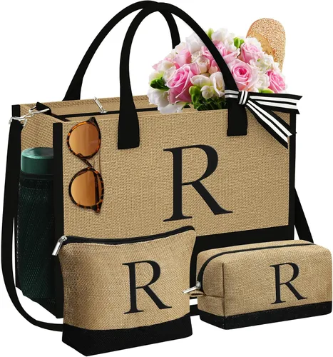 Miniatura 19 de YOOLIFE Regalos para mujeres, bolsa de yute con inicial y 2 bolsas de maquillaje, regalos personalizados para mujeres, profesores, mamá, amiga
