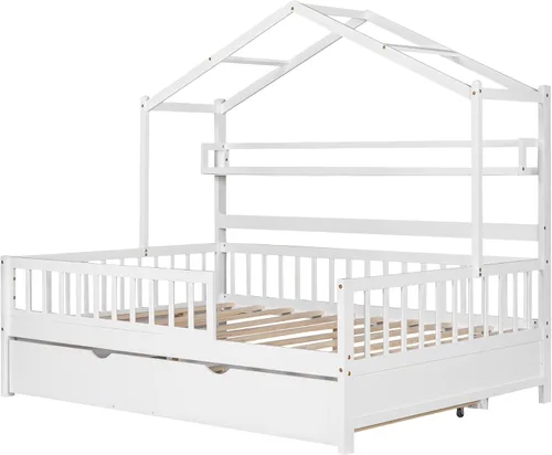 Miniatura 4 de MERITLINE Cama de casa de tamaño matrimonial con nido y estantes de almacenamiento para niños, marco de cama Montessori con rieles de valla y techo