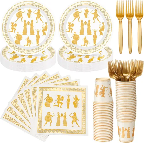 Miniatura 8 de Vesici 96 piezas de suministros de fiesta de mitología griega para 24 invitados, platos, vasos, servilletas y tenedores inspirados en la antigua
