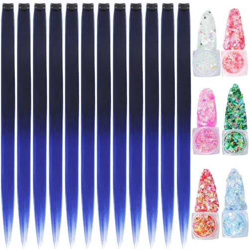 Miniatura 20 de Extensiones de cabello de colores, extensión de cabello liso con clip de 22 pulgadas, extensiones de cabello con brillantina multicolor arcoíris