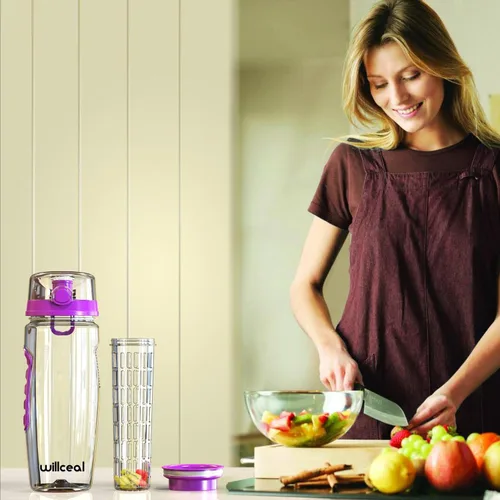 Miniatura 6 de Botella de agua con infusor de frutas de 32 onzas, duradera, grande, sin BPA, Tritan con tapa abatible, diseño a prueba de fugas, deportes, camping