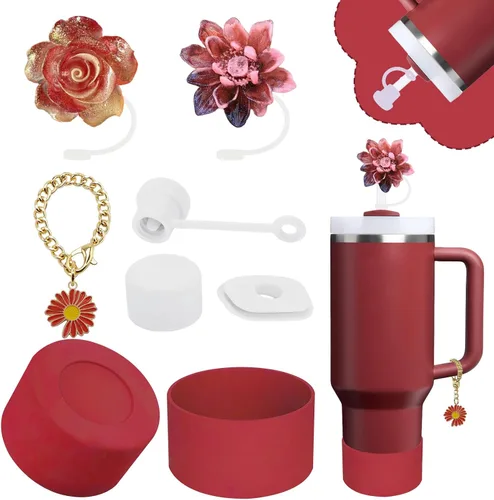 Miniatura 25 de Conjunto de accesorios para taza Stanley, incluye 2 piezas de cubierta de pajita de 0.4 pulgadas, 1 tapón antiderrame de silicona, 1 lindo encanto