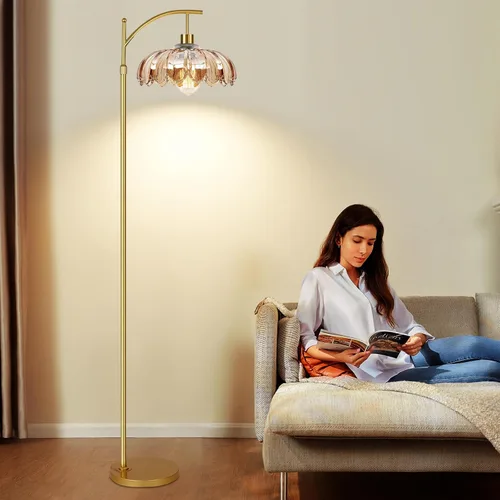 Miniatura 6 de AHDWDW Lámpara de pie de arco dorada para sala de estar con control remoto, lámparas de pie modernas regulables con pantalla de vidrio ámbar