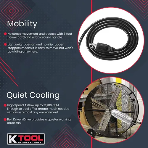 Miniatura 3 de K Tool International 77742 Ventilador de tambor de transmisión por correa de 42 pulgadas con ruedas de 8 pulgadas, alta velocidad, 2 velocidades
