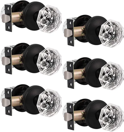 Miniatura 26 de Gobrico Pomo de puerta de cristal para dormitorio y baño con roseta clásica negro mate, diamante transparente octogonal para puerta interior, 1