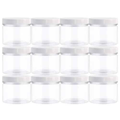 Tarros de plástico vacíos de boca ancha transparentes de 14 onzas con tapas y etiquetas, recipientes de PET ideales para crema, cosméticos, tarros