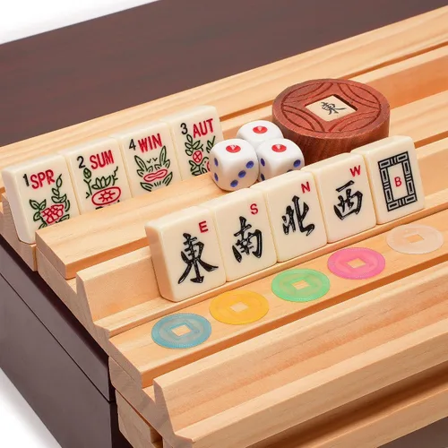 Miniatura 2 de Juegos de Mahjong Americano de Yellow Mountain Imports - Clásico de Lujo con Estuche de Madera, Estantes de Empuje de Madera, Indicador de Viento