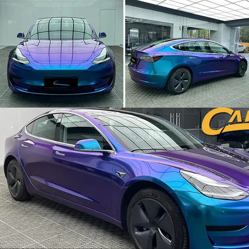 Miniatura 7 de Vinilo adhesivo de coche de color morado metálico brillante a azul camaleón, cinta adhesiva de película adhesiva de liberación de aire