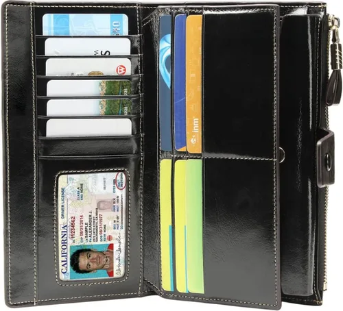 Miniatura 28 de Itslife - Cartera de piel sintética encerada para mujer con bloqueo de identificación de radio frecuencia (RFID), de gran capacidad, encerada
