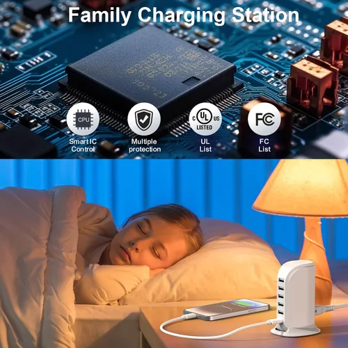Miniatura 7 de Estación de carga para múltiples dispositivos Upoy, torre de hub USB multi con 5 USB+1 puertos tipo C, bloque de cargador USB C de carga rápida