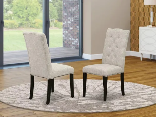 Miniatura 2 de East West Furniture ELP6T35 Elsa Parson - Juego de 2 sillas acolchadas de tela de lino con ribete de clavos y botones copetudos, color negro Alambre
