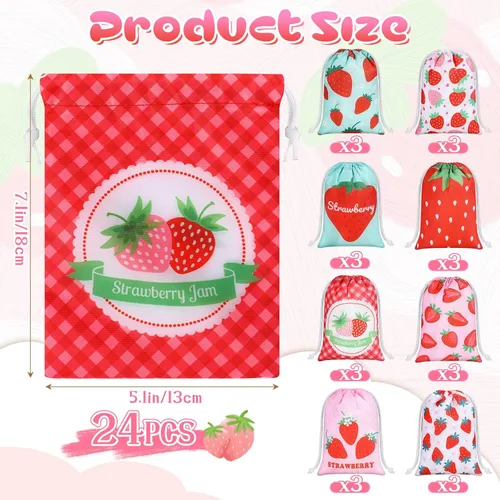 Miniatura 2 de Kajaia 24 bolsas de regalo con cordón de fresa a granel de 7.1 x 5.1 pulgadas, pequeñas bolsas de poliéster para dulces, bolsas de regalo de fresa