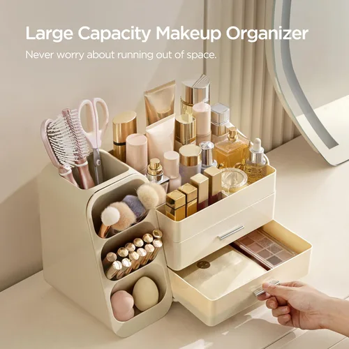 Miniatura 2 de HBlife Organizador de maquillaje con soporte para brochas para tocador, organizador grande de plástico para tocador de baño, almacenamiento