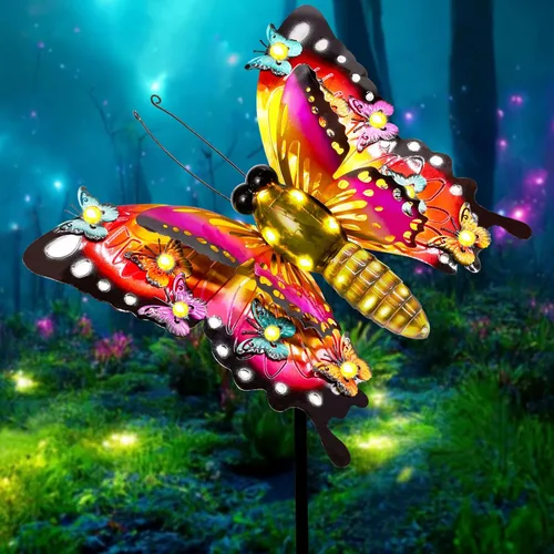 Miniatura 8 de ANGMLN Luces solares de jardín, decoración de jardín de mariposa para exteriores, luces decorativas de metal grandes de 41 pulgadas, mariposa