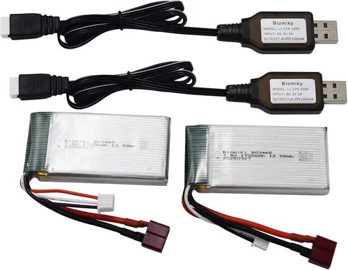 Miniatura 7 de Blomiky Paquete de 2 baterías Lipo de 7.4V 1600mAh 12.58Wh 30C con enchufe T y cables USB para camiones RC a escala 1:10 200E 9200 9200E 9205E 9206E