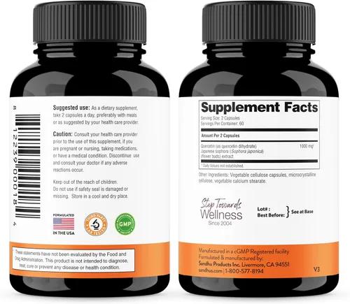 Miniatura 7 de Quercetina 500mg Cápsulas vegetarianas 120 unidades 1000 mg por porción de 2 cápsulas Suplementos de apoyo inmunológico para respiratorio, salud