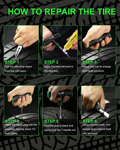 Miniatura 5 de Kit de reparación de neumáticos de 20 piezas – El kit de enchufe de neumático plano incluye herramientas ergonómicas de mango en T con agarre