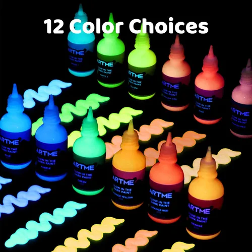 Miniatura 2 de Artme Pintura que brilla en la oscuridad, juego de 12 colores brillantes de 1.0 fl oz/1 oz, fluorescente brillante de larga duración, perfecta