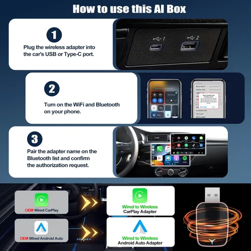 Miniatura 4 de CAMECHO Adaptador inalámbrico 2 en 1 para automóvil CarPlay Android Auto, adaptador inalámbrico Apple Car Play Android Auto, adaptador CarPlay