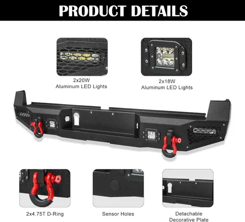 Miniatura 3 de Parachoques trasero de acero para Tacoma 2016 2017 2018 2019 2020 2021 2022 2023 con placa de cabrestante y orificio de sensor y luces LED y kits