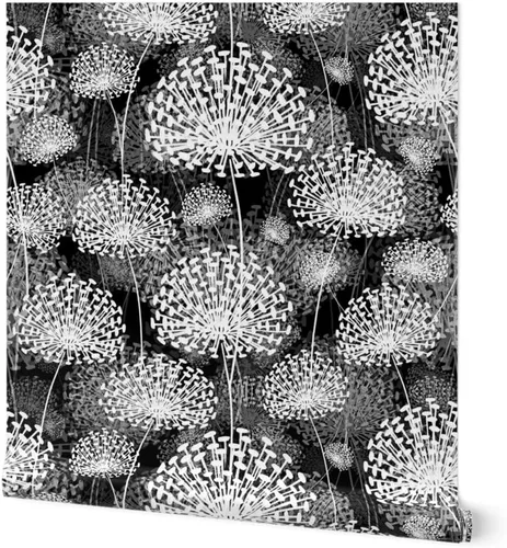 Spoonflower Papel tapiz para despegar y pegar, diseño de dientes de león blanco y negro, flores de estilo vintage, floral, naturaleza, papel tapiz