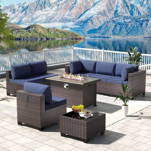Miniatura 12 de Kullavik Juego de 13 muebles de patio al aire libre con mesa de fogata de gas propano de 43 pulgadas, 55000 BTU, mimbre de polietileno, sofá Arena