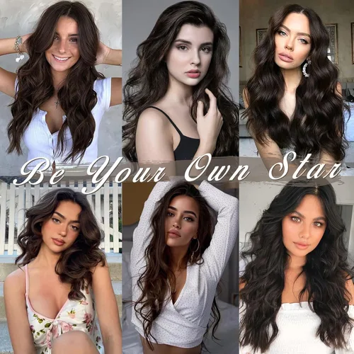 Miniatura 5 de BARSDAR Extensiones de cabello ondulado con clip, color marrón chocolate oscuro, extensiones de cabello con clip de 20 pulgadas para mujer, 5 piezas