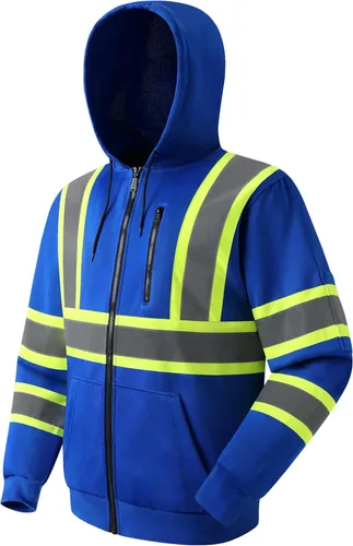 JKSafety Sudadera de seguridad de alta visibilidad para hombres y mujeres, sudadera con capucha y cremallera de alta visibilidad con tiras Hs121-azul