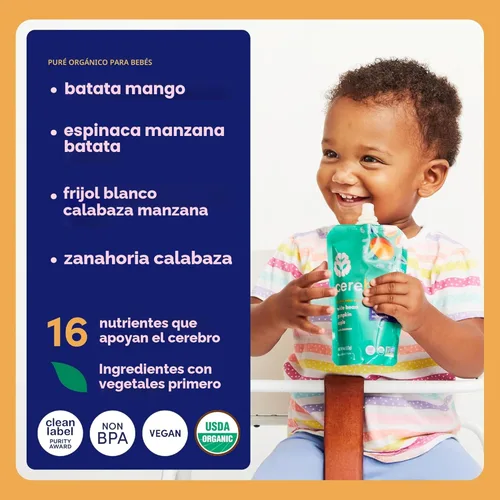 Miniatura 4 de Cerebelly Paquete variado de bolsas de comida orgánica para bebés, purés de verduras y frutas, 16 nutrientes, sin azúcar añadido, fibra y sin OMG, 4
