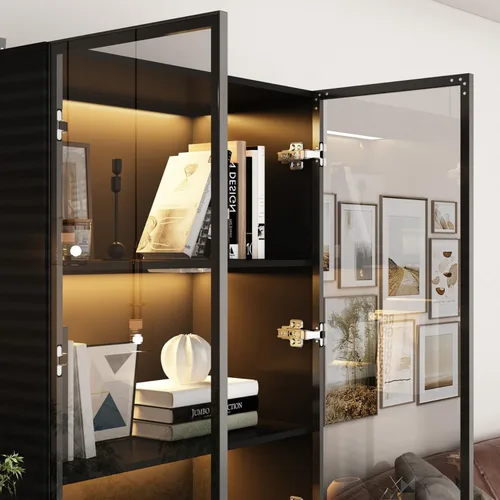 Miniatura 6 de Vitrina con luces, gabinete de vidrio con puertas y estantes de 4 niveles, vitrina para coleccionable, sala de estar, oficina, negro 31.5 pulgadas