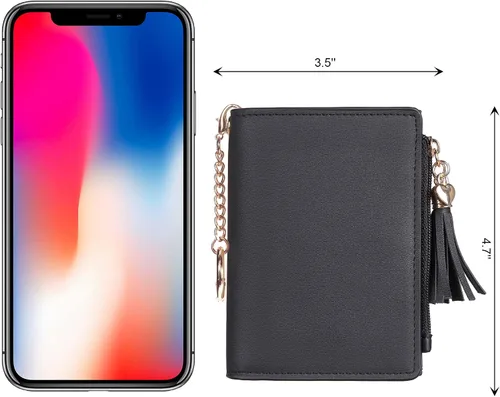 Miniatura 3 de Gostwo Mini monedero delgado plegable para mujer con borla y bolsillo con cremallera para monedas, Negro con llavero, Moda
