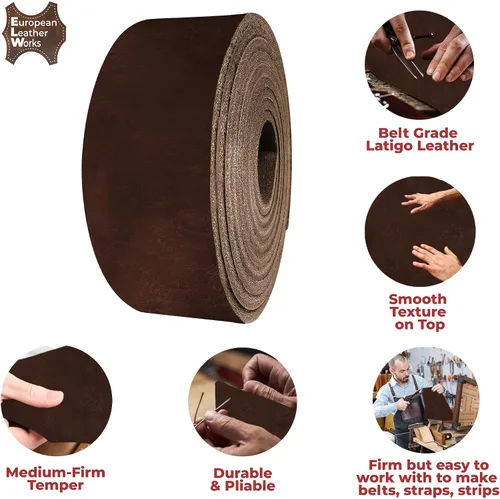 Miniatura 3 de ELW 5-6 oz (0.079-0.094 in) Latigo - Correas de cuero para cinturón, tamaño: 0.5 x 50 pulgadas (0.5 x 50.0 in), marrón antiguo, cuero de vaca