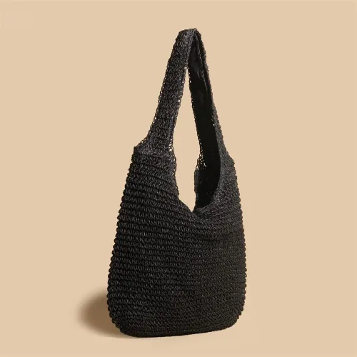 Miniatura 4 de QTKJ Bolso de hombro de paja suave y grande tejida a mano estilo bohemio, bolso de playa de verano retro (negro), Beige, Caqui, Negro, 15.3''x 24.4