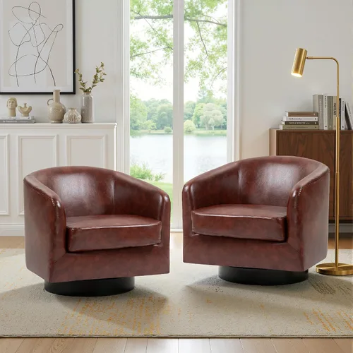 Miniatura 23 de Juego de 2 Sillas Giratorias de Acento, Silla Barril Tapizada en Tela para Sala de Estar, Cómodo Sillón Redondo Sofá Individual Asiento de Lino Beige