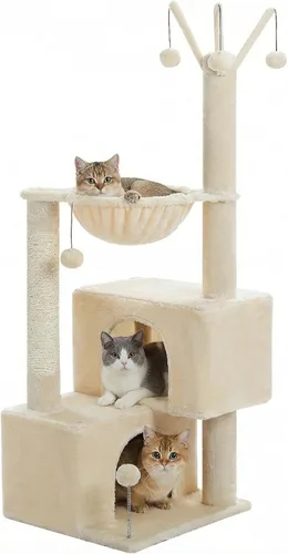 Árbol para gatos de 45 pulgadas para gatos de interior, torre compacta para gatos con 2 condominios, cama hamaca y 5 juguetes de bola colgantes,