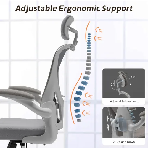 Miniatura 4 de Silla de Oficina Ergonómica con Soporte Lumbar Ajustable y Reposabrazos Abatibles - Silla de Escritorio de Computadora de Respaldo Alto con Cojín