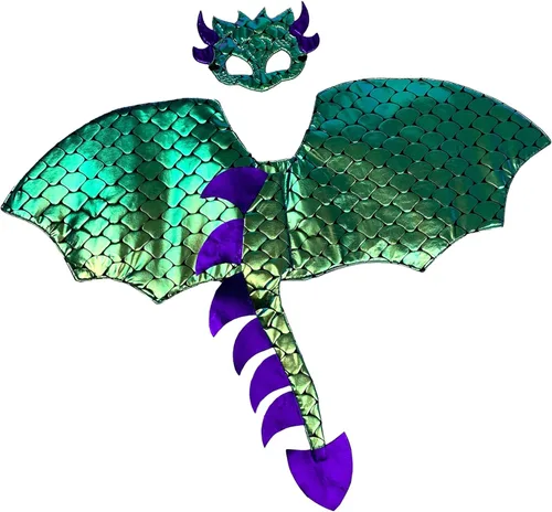 Dragon Costume with Wings Mask and Tail Birthday Party Gift Kids Halloween Costume Set or Pretend Play Dress Up Costume Ages 4-8 (Green Cotton