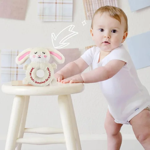 Miniatura 2 de Karenhi Peluche beige de conejito pequeño animal de peluche rezando bautismo de felpa suave para acurrucarse, juguete de Dios bordado, regalos