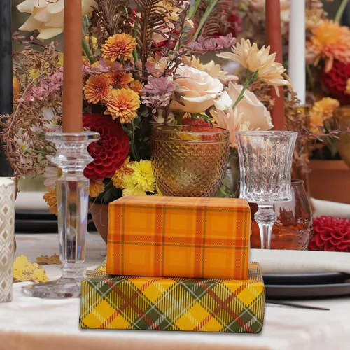 Miniatura 7 de Whaline 60 hojas de papel de seda a cuadros retro naranja marrón a cuadros decorativos para otoño, fiesta de Acción de Gracias, manualidades, 14 x
