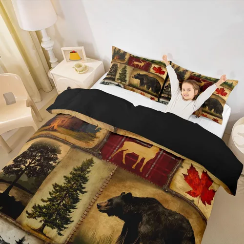 Miniatura 6 de Funda de edredón rústica tamaño Queen, juego de ropa de cama retro para cabaña de cabaña, oso de caza, ciervo, hojas de arce, funda de edredón