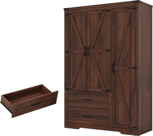 Miniatura 6 de St.Mandyu Armario Ropero de Granja con 3 Puertas y 2 Cajones, Gabinete de Almacenamiento de Ropa de Madera de 70.1", Armario Ropero Independiente