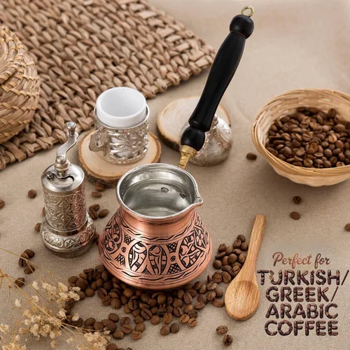 Miniatura 6 de Cafetera turca griega árabe de cobre de 12 onzas con mango de madera (4 tazas), Cezve, Ibrik, cafetera griega Briki, cafetera turca martillada