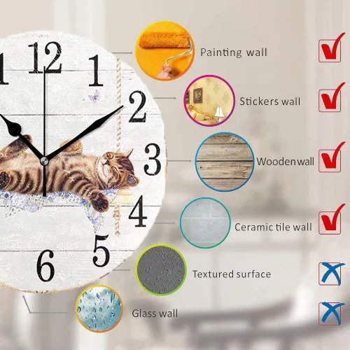 Wamika Reloj de pared redondo con diseño de gato en columpio, reloj de madera vintage blanco silencioso sin tictac, decorativo de pared, gatito,