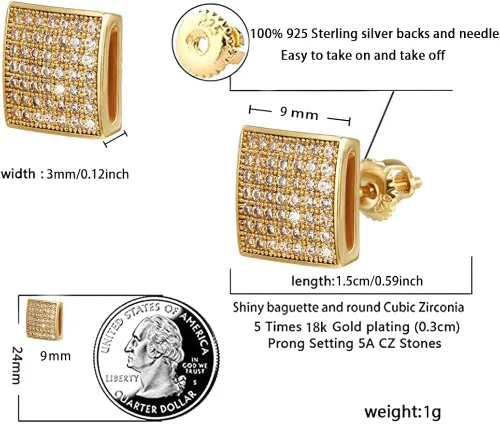 Miniatura 2 de RANKEEF Aretes para hombre, aretes helados para hombre, aretes chapados en oro de 18 quilates, hipoalergénicos, redondos, con parte trasera