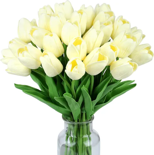Miniatura 20 de SITUMEIZI 15 piezas de flores blancas artificiales, tulipanes artificiales de poliuretano de 14 pulgadas a granel para el hogar, cocina, Pascua